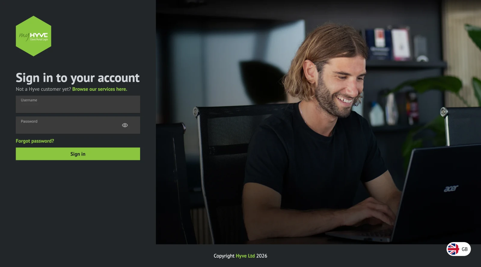 The MyHyve support ticketing portal login page